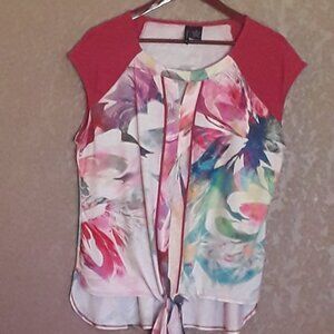 New Directions Cap Sleeve Top Spring/Summer Pink on White Floral Size M